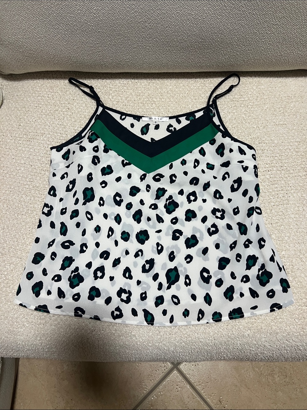 White Leopard-Print Cami with Green & Black V-Neck Trim